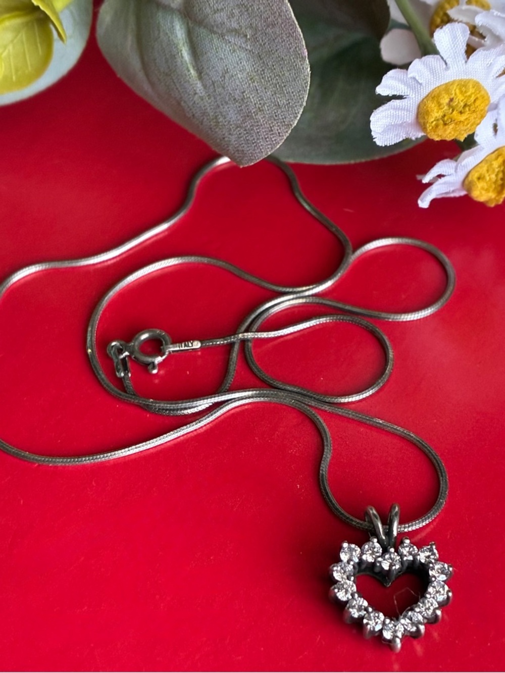 925 Sterling Silver Heart Pendant Necklace with Clear Stones - Silver